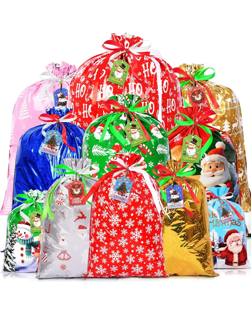 16pcs Christmas Drawstring Gift Bags with 16 Tags – 5 Sizes Reusable Xmas Wrapping Bags, Large Medium Small Holiday Gift Goody Bags for Party Decorations & Presents