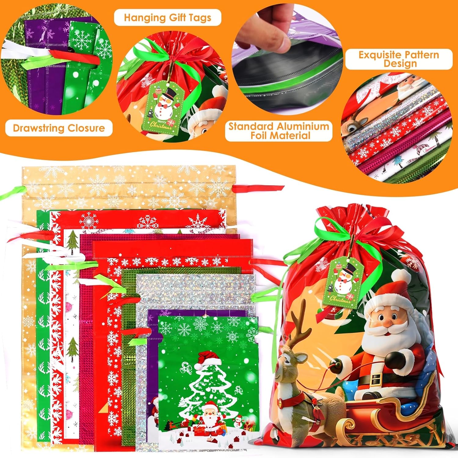 16pcs Christmas Drawstring Gift Bags with 16 Tags – 5 Sizes Reusable Xmas Wrapping Bags, Large Medium Small Holiday Gift Goody Bags for Party Decorations & Presents