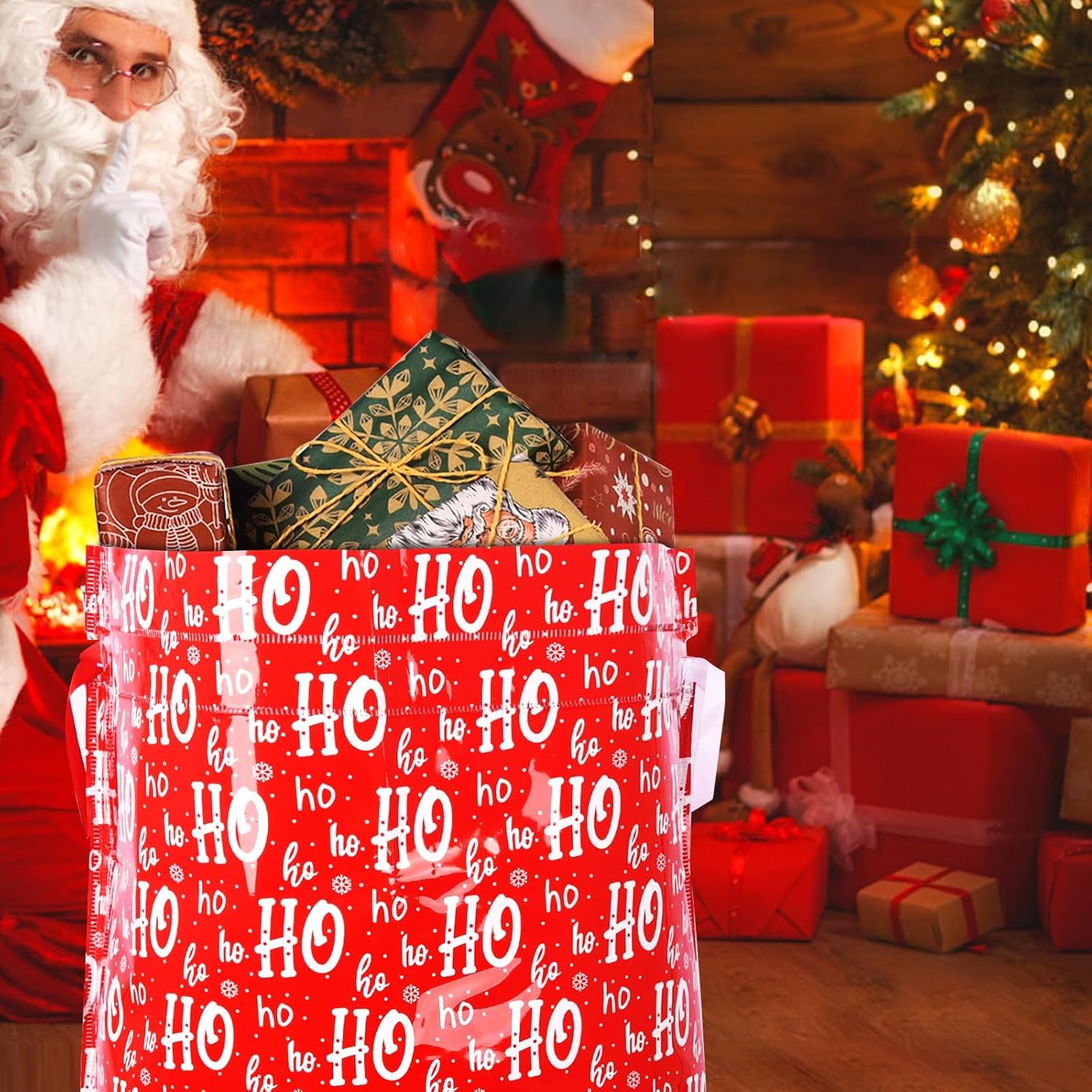 16pcs Christmas Drawstring Gift Bags with 16 Tags – 5 Sizes Reusable Xmas Wrapping Bags, Large Medium Small Holiday Gift Goody Bags for Party Decorations & Presents