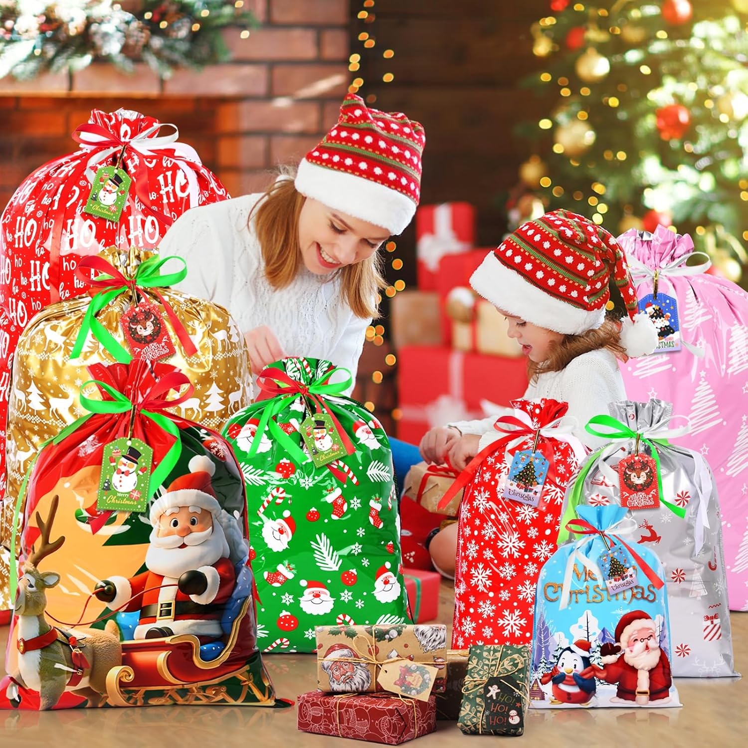 16pcs Christmas Drawstring Gift Bags with 16 Tags – 5 Sizes Reusable Xmas Wrapping Bags, Large Medium Small Holiday Gift Goody Bags for Party Decorations & Presents