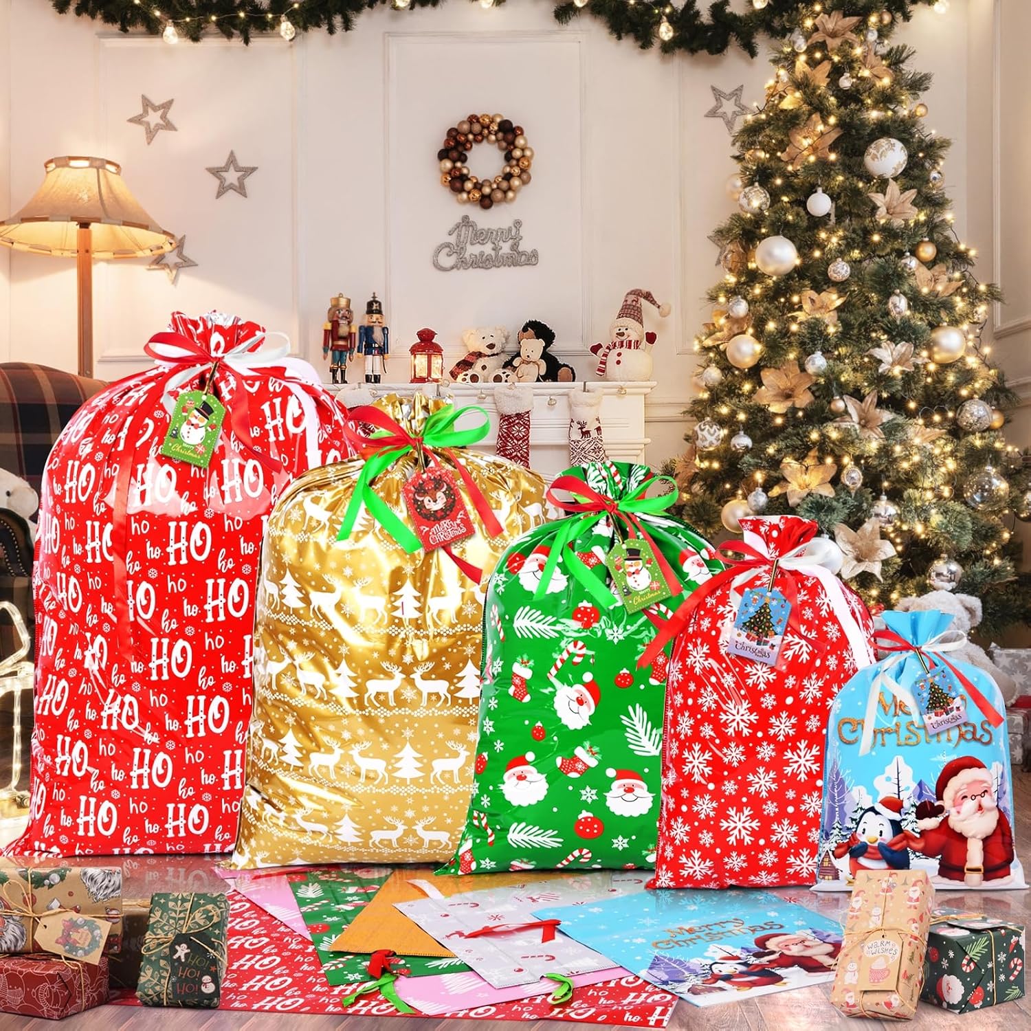 16pcs Christmas Drawstring Gift Bags with 16 Tags – 5 Sizes Reusable Xmas Wrapping Bags, Large Medium Small Holiday Gift Goody Bags for Party Decorations & Presents