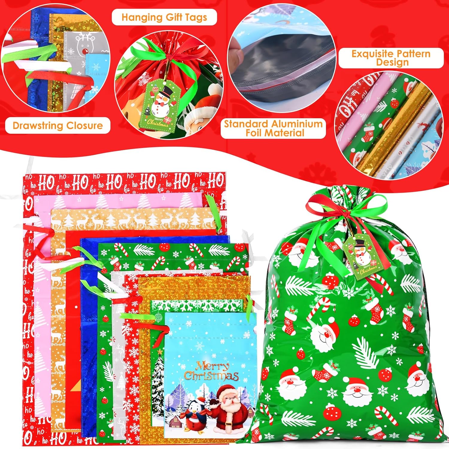 16pcs Christmas Drawstring Gift Bags with 16 Tags – 5 Sizes Reusable Xmas Wrapping Bags, Large Medium Small Holiday Gift Goody Bags for Party Decorations & Presents