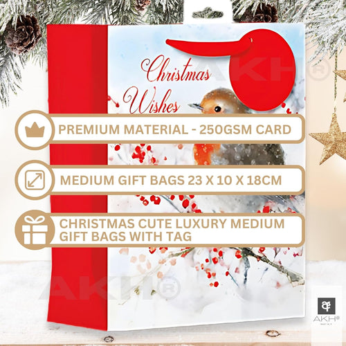 1 x Christmas Bag | Medium Size Gift Bag | 23 x 10 x 18cm | Merry Christmas Wishes Gift Bags | Xmas Bags | Perfect for Xmas Party Present Decorations | For Kids and Adults
