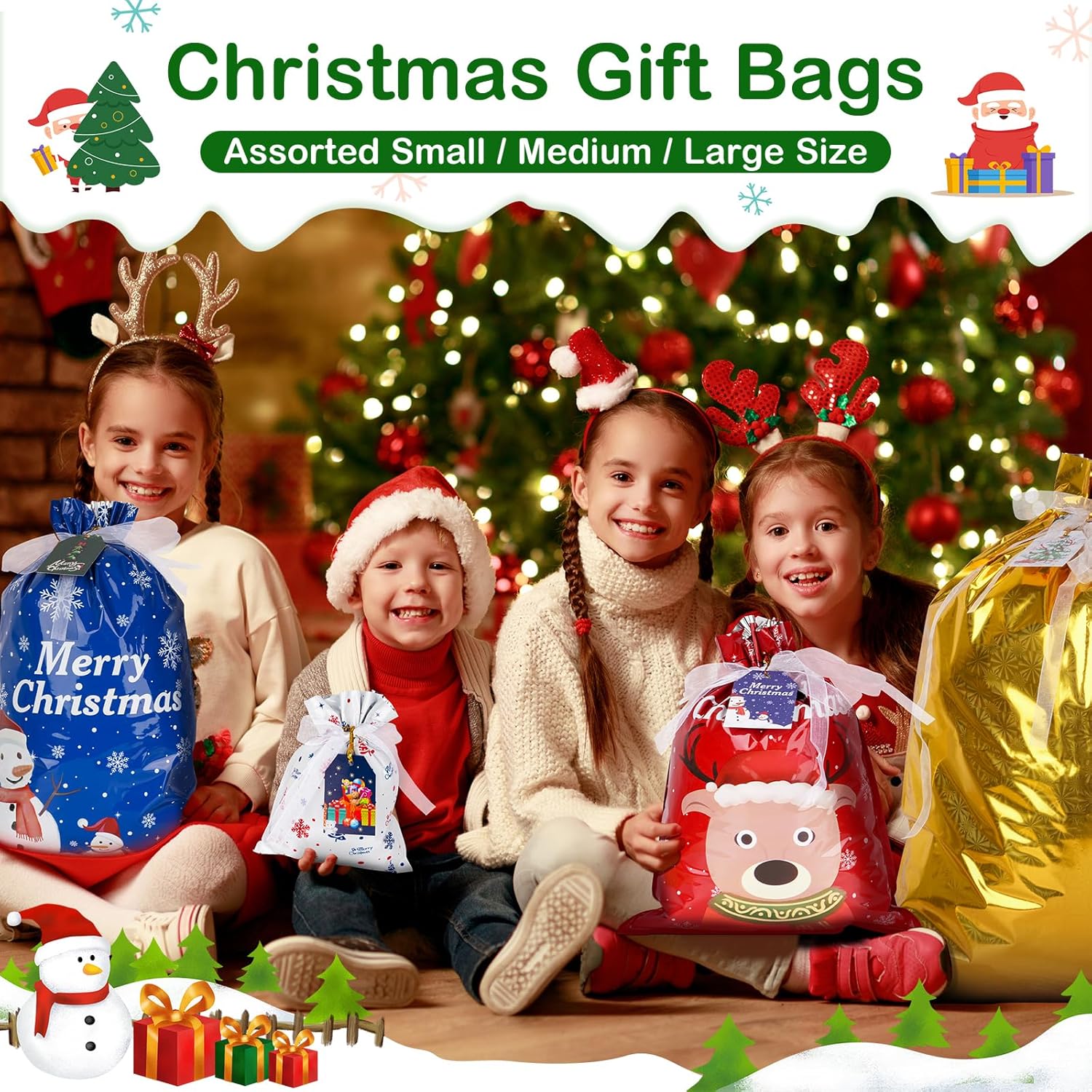 20-Pack Christmas Drawstring Gift Bags with 10 Patterns & Colorful Tags – Extra Large, Large, Medium, Small, Mini Reusable Foil Gift Bags for Xmas Presents & Party Favors