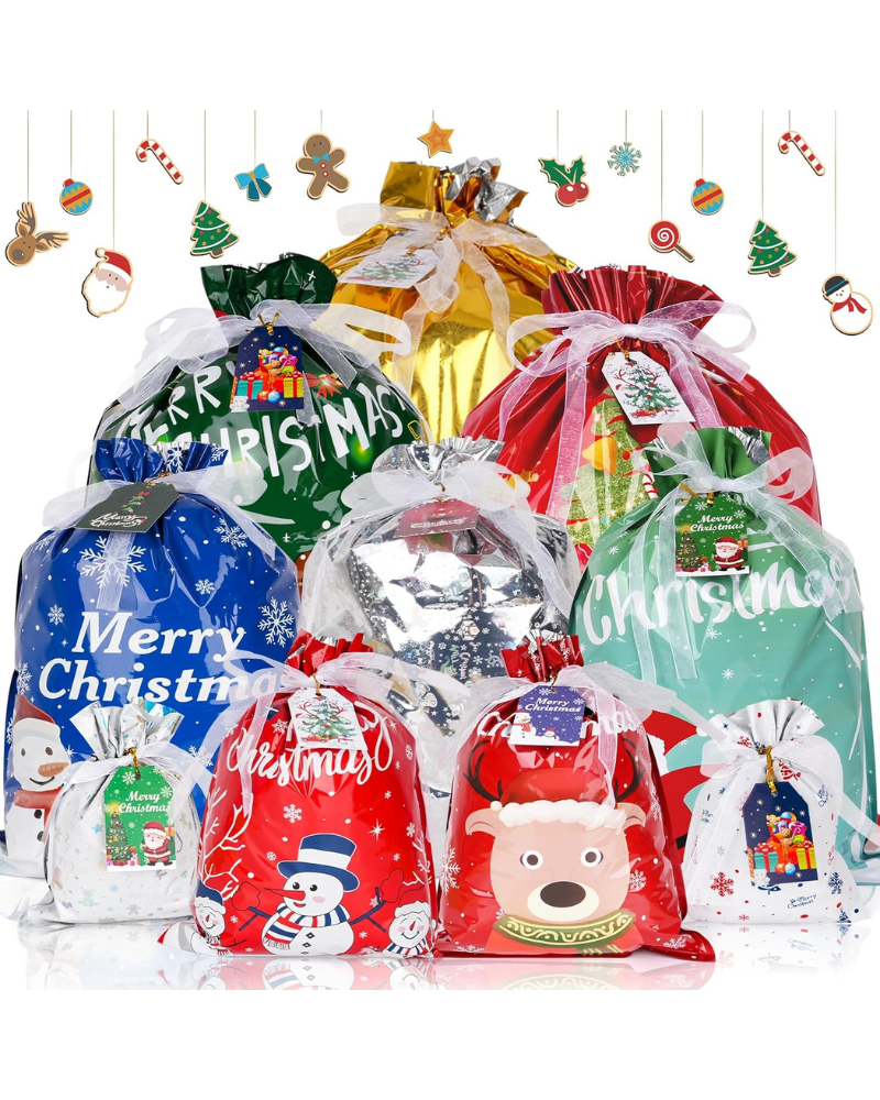 20-Pack Christmas Drawstring Gift Bags with 10 Patterns & Colorful Tags – Extra Large, Large, Medium, Small, Mini Reusable Foil Gift Bags for Xmas Presents & Party Favors