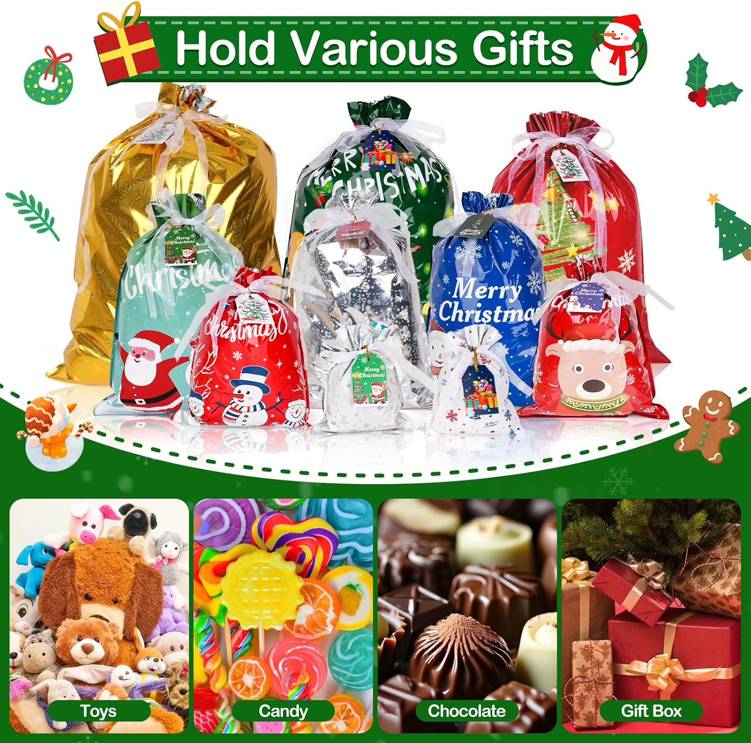 20-Pack Christmas Drawstring Gift Bags with 10 Patterns & Colorful Tags – Extra Large, Large, Medium, Small, Mini Reusable Foil Gift Bags for Xmas Presents & Party Favors