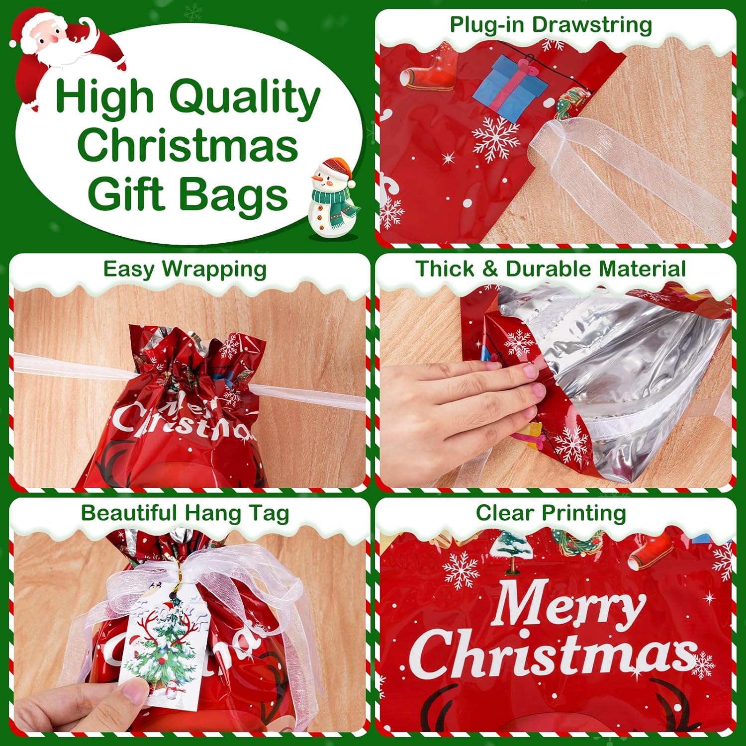 20-Pack Christmas Drawstring Gift Bags with 10 Patterns & Colorful Tags – Extra Large, Large, Medium, Small, Mini Reusable Foil Gift Bags for Xmas Presents & Party Favors
