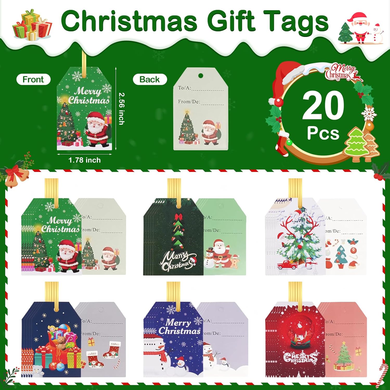 20-Pack Christmas Drawstring Gift Bags with 10 Patterns & Colorful Tags – Extra Large, Large, Medium, Small, Mini Reusable Foil Gift Bags for Xmas Presents & Party Favors