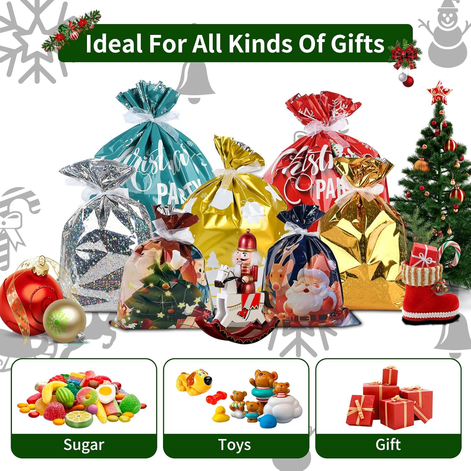 20-Pack Christmas Wrapping Gift Bags with 24 Tags – Large, Medium & Small Xmas Bags for Presents, Birthday, Holiday & Party Favors