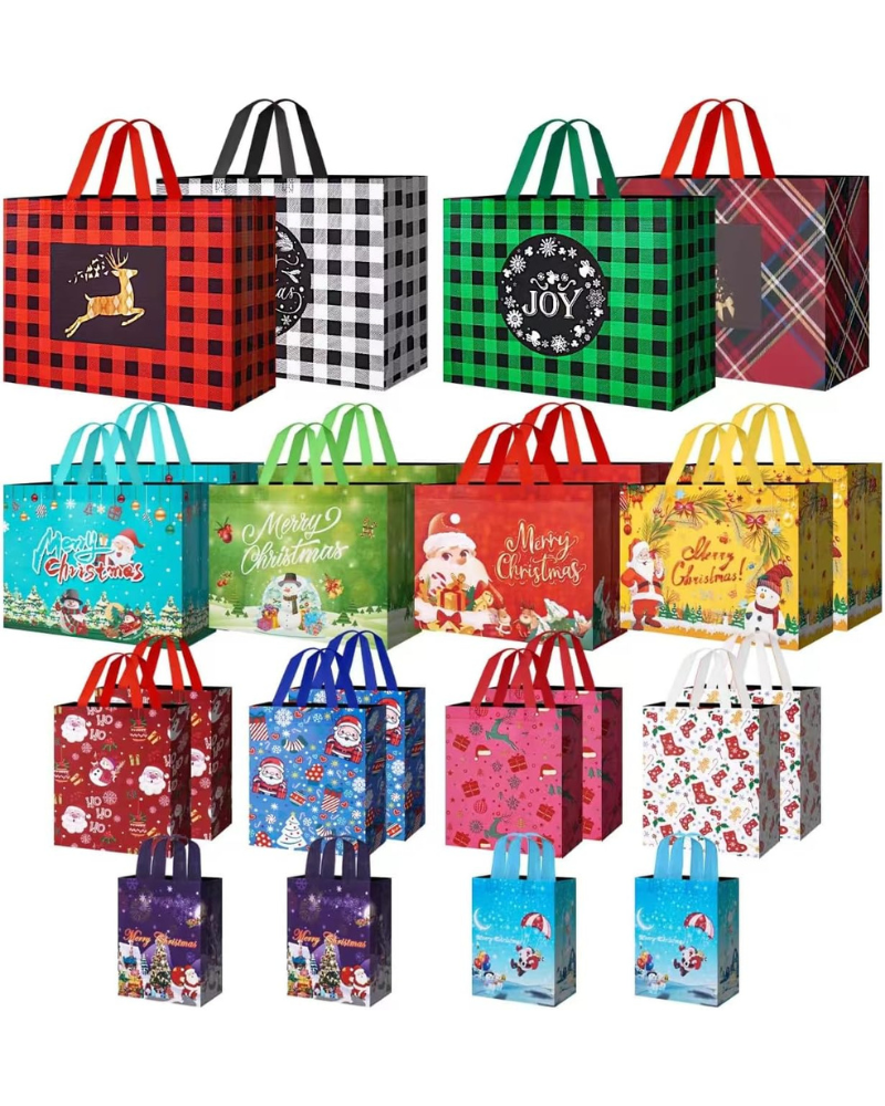 24-Pack Christmas Gift Bags with Handles – Reusable Non-Woven Xmas Bags in Assorted Sizes, Large, Medium & Small for Holiday Gifts, Party Favors & Festive Wrapping