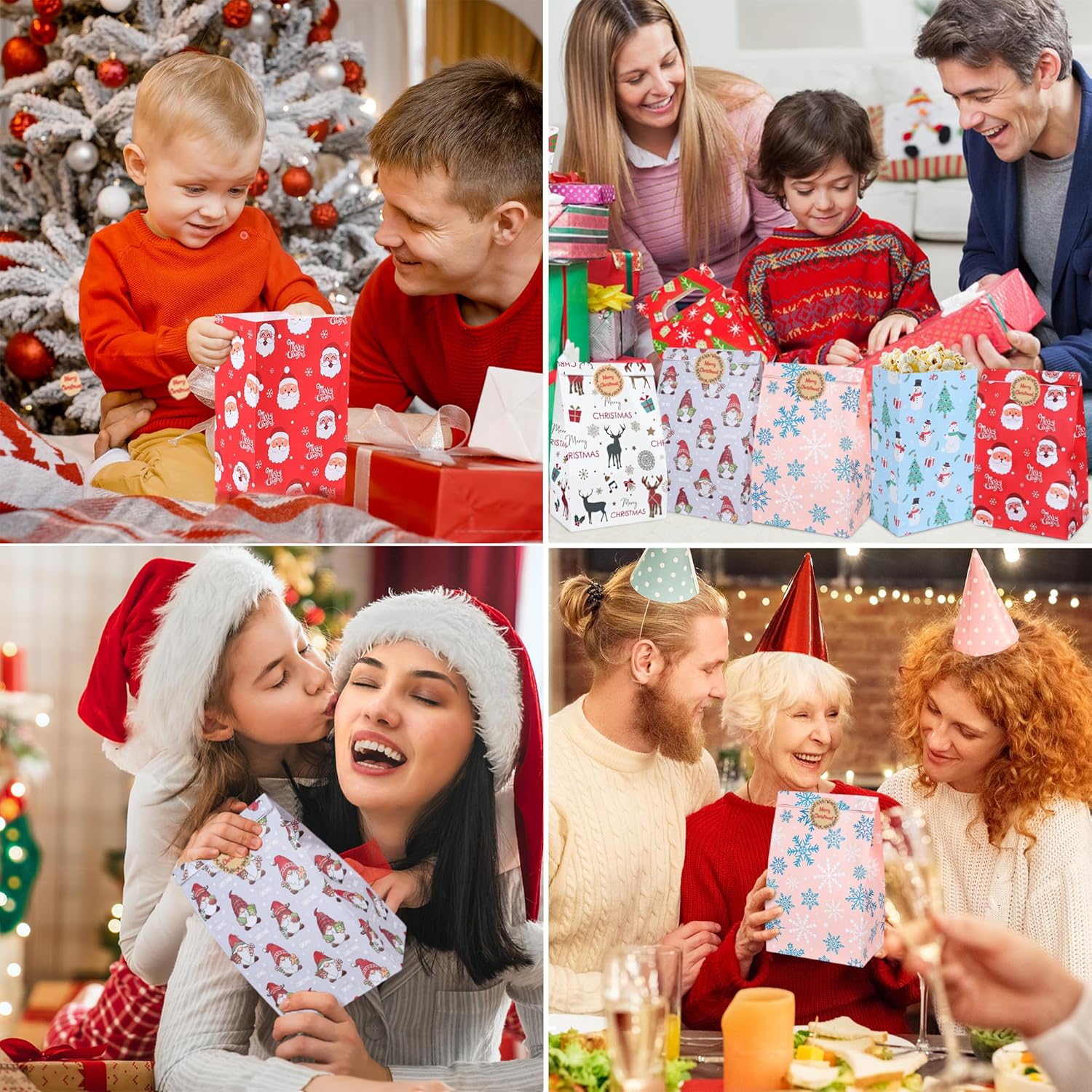 24 Pack Christmas Paper Gift Bags with 24 Stickers – 6 Festive Designs Small Holiday Treat Bags for Candy, Snacks, Xmas Party Favors, Classroom, and Birthday Gifts