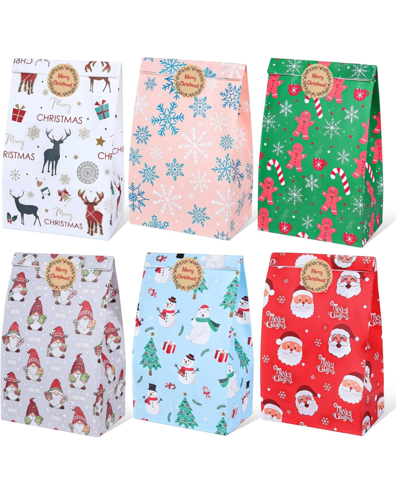 24 Pack Christmas Paper Gift Bags with 24 Stickers – 6 Festive Designs Small Holiday Treat Bags for Candy, Snacks, Xmas Party Favors, Classroom, and Birthday Gifts