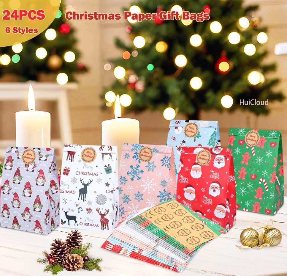 24 Pack Christmas Paper Gift Bags with 24 Stickers – 6 Festive Designs Small Holiday Treat Bags for Candy, Snacks, Xmas Party Favors, Classroom, and Birthday Gifts