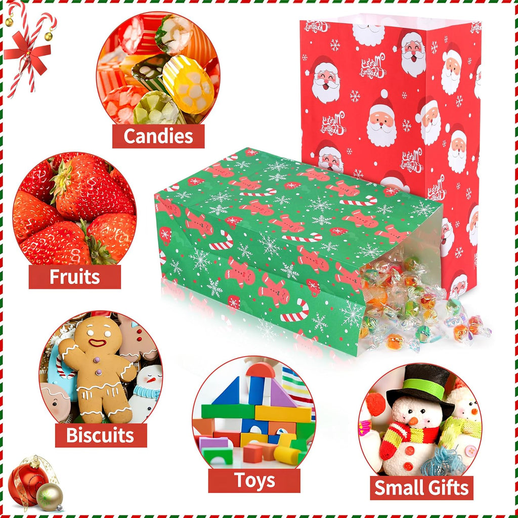 24 Pack Christmas Paper Gift Bags with 24 Stickers – 6 Festive Designs Small Holiday Treat Bags for Candy, Snacks, Xmas Party Favors, Classroom, and Birthday Gifts