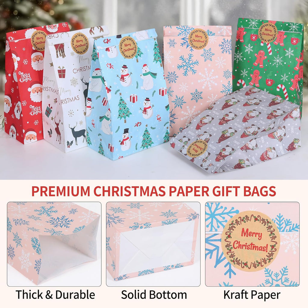 24 Pack Christmas Paper Gift Bags with 24 Stickers – 6 Festive Designs Small Holiday Treat Bags for Candy, Snacks, Xmas Party Favors, Classroom, and Birthday Gifts