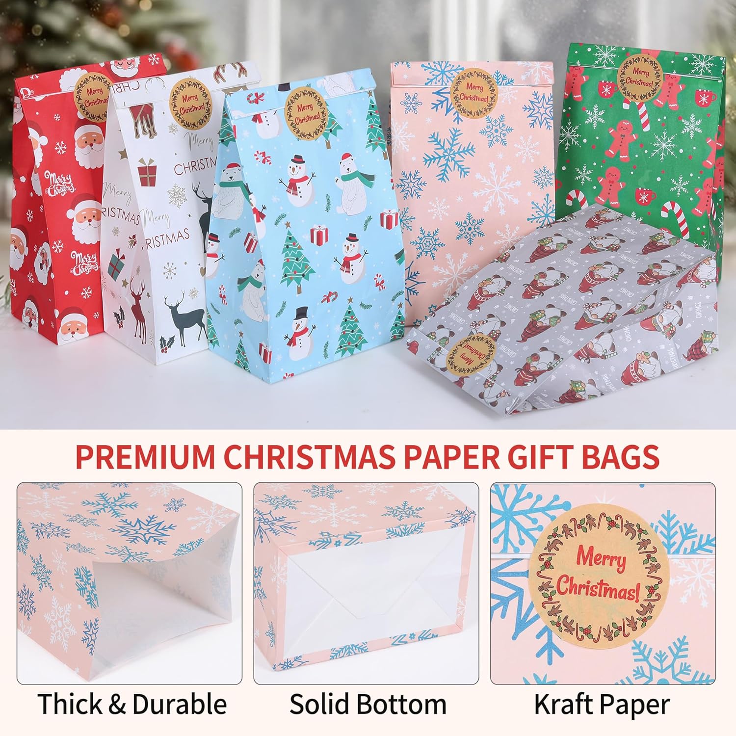 24 Pack Christmas Paper Gift Bags with 24 Stickers – 6 Festive Designs Small Holiday Treat Bags for Candy, Snacks, Xmas Party Favors, Classroom, and Birthday Gifts