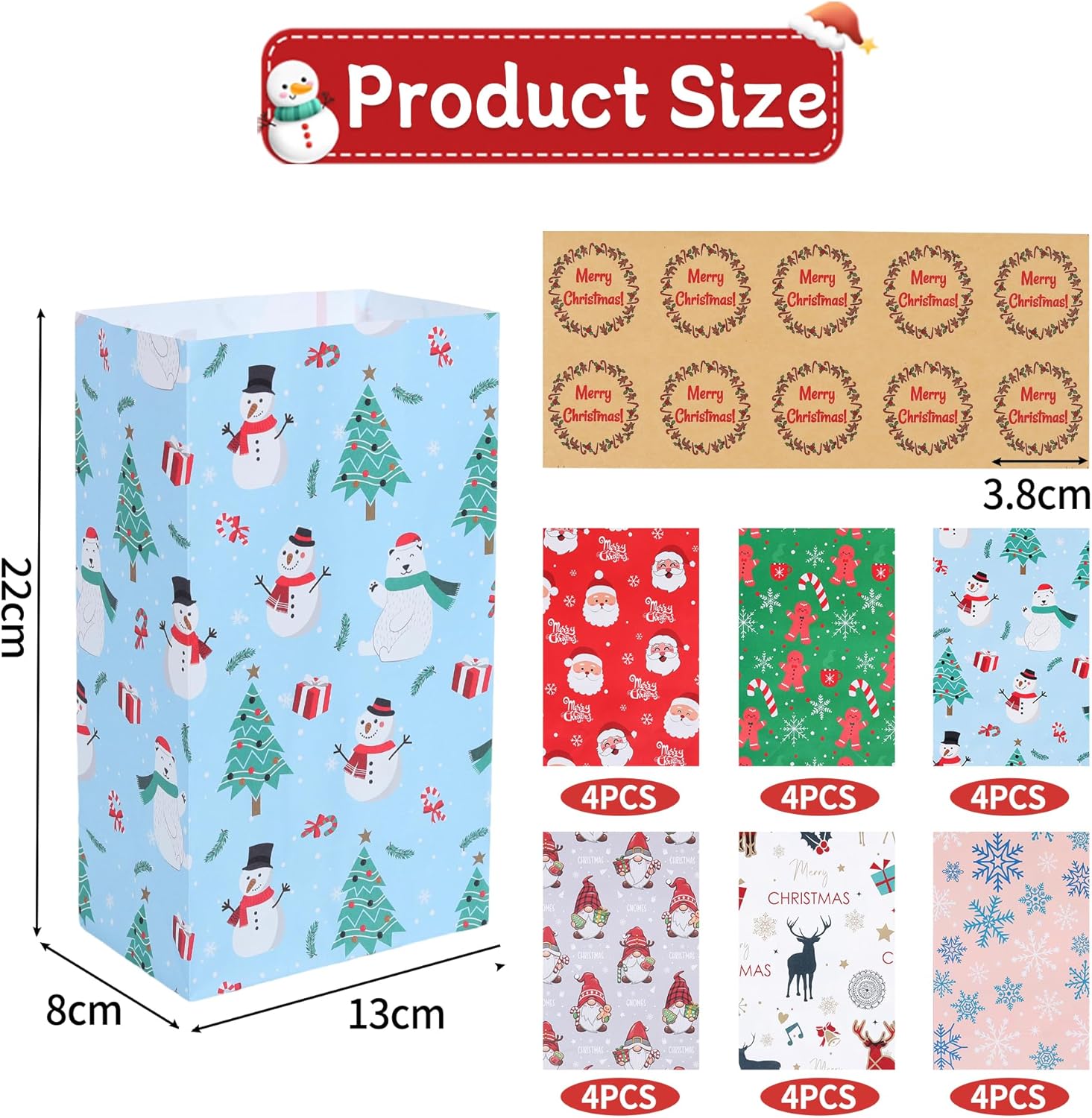 24 Pack Christmas Paper Gift Bags with 24 Stickers – 6 Festive Designs Small Holiday Treat Bags for Candy, Snacks, Xmas Party Favors, Classroom, and Birthday Gifts