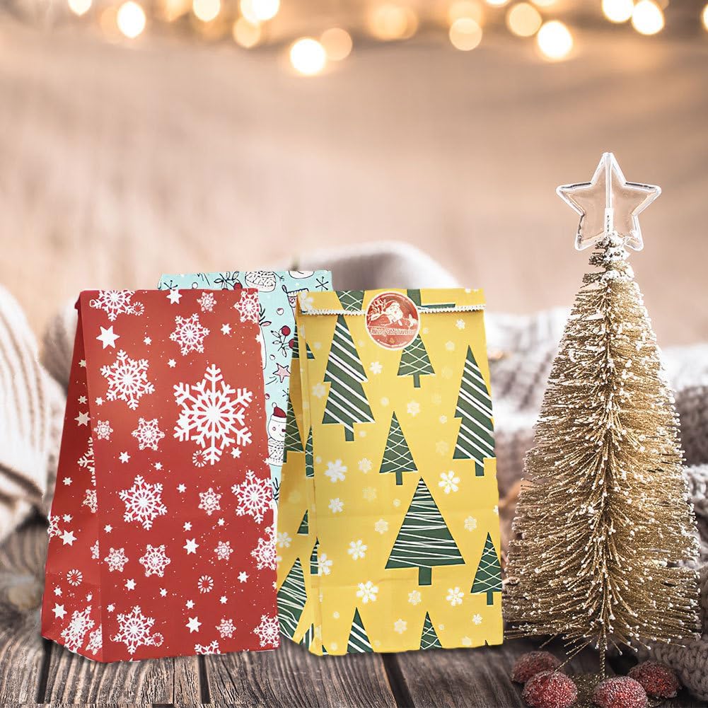 24 Pack Small Christmas Gift Bags with Sealing Stickers – Flat Bottom Xmas Paper Bags for Candy, Treats, Party Favors, Advent Gifts for Kids