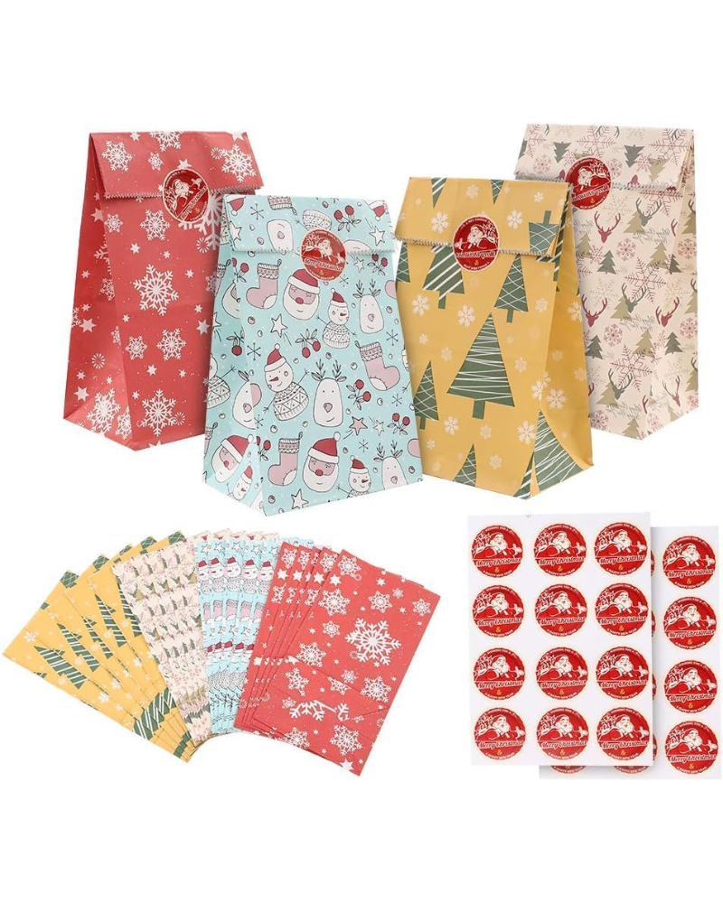 24 Pack Small Christmas Gift Bags with Sealing Stickers – Flat Bottom Xmas Paper Bags for Candy, Treats, Party Favors, Advent Gifts for Kids