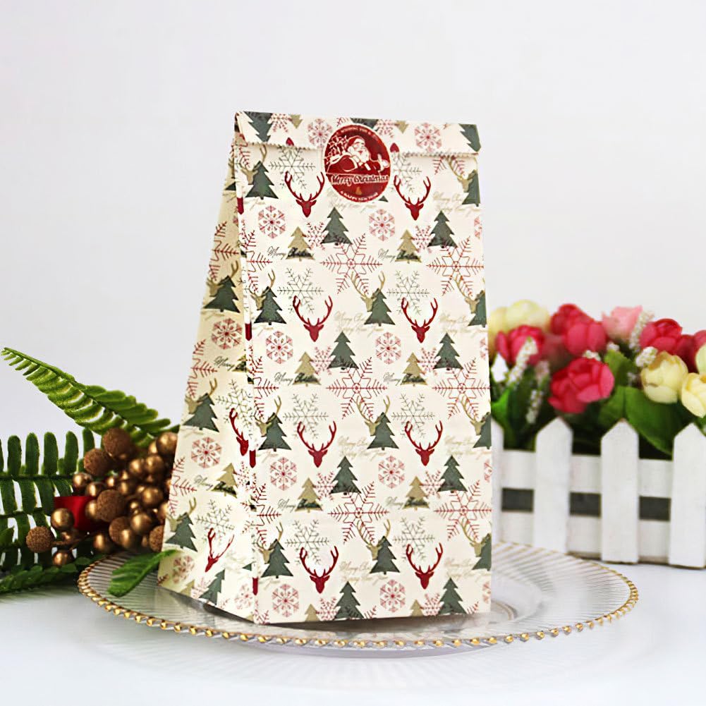 24 Pack Small Christmas Gift Bags with Sealing Stickers – Flat Bottom Xmas Paper Bags for Candy, Treats, Party Favors, Advent Gifts for Kids