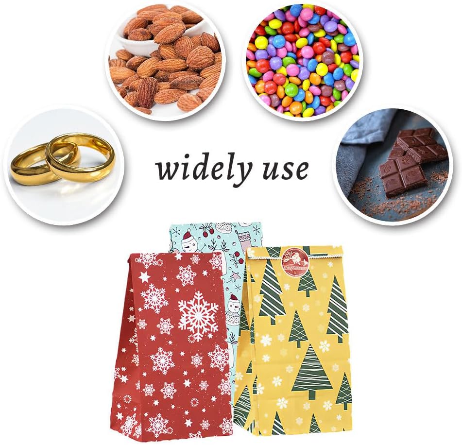 24 Pack Small Christmas Gift Bags with Sealing Stickers – Flat Bottom Xmas Paper Bags for Candy, Treats, Party Favors, Advent Gifts for Kids