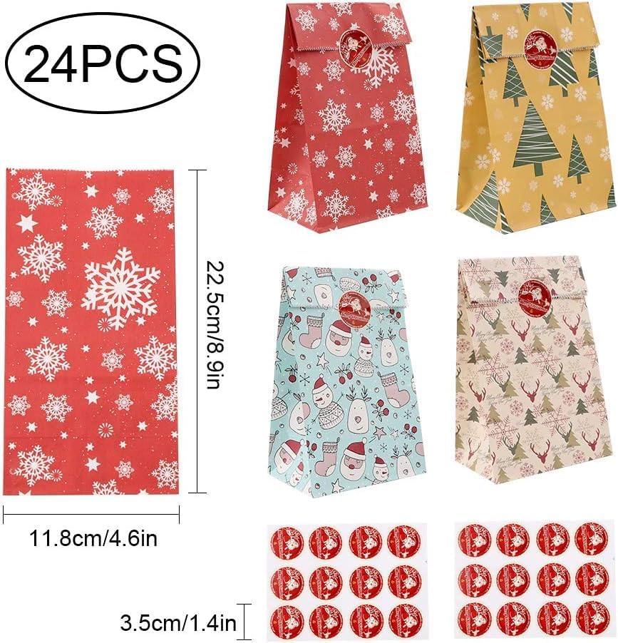24 Pack Small Christmas Gift Bags with Sealing Stickers – Flat Bottom Xmas Paper Bags for Candy, Treats, Party Favors, Advent Gifts for Kids