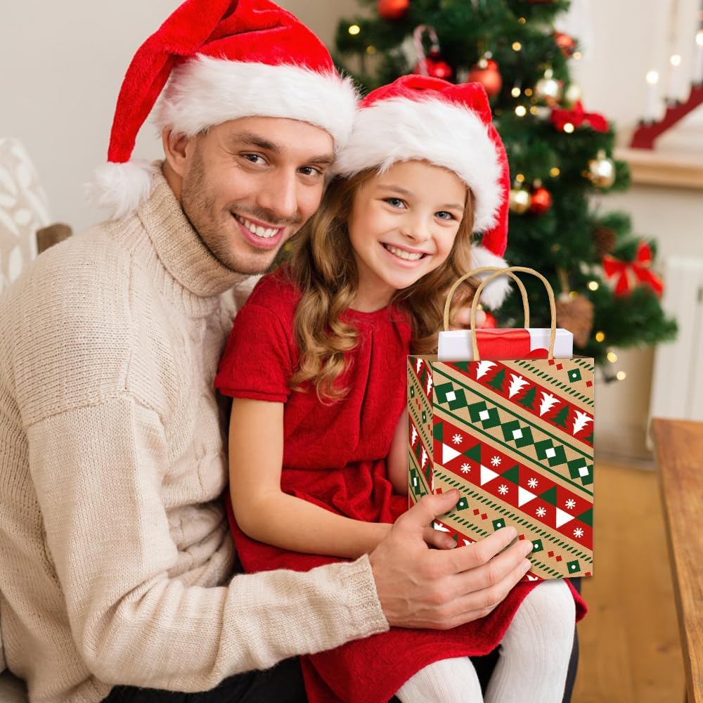 24pcs Christmas Kraft Paper Bags, 8 Style Xmas Tree Snowflake Goody Candy Treat Paper Bags with Handle for Christmas Party Favor Decoration