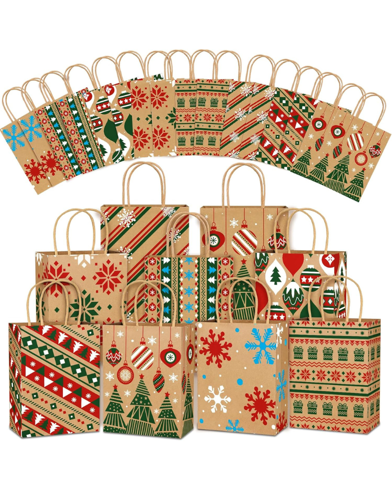 24pcs Christmas Kraft Paper Bags, 8 Style Xmas Tree Snowflake Goody Candy Treat Paper Bags with Handle for Christmas Party Favor Decoration