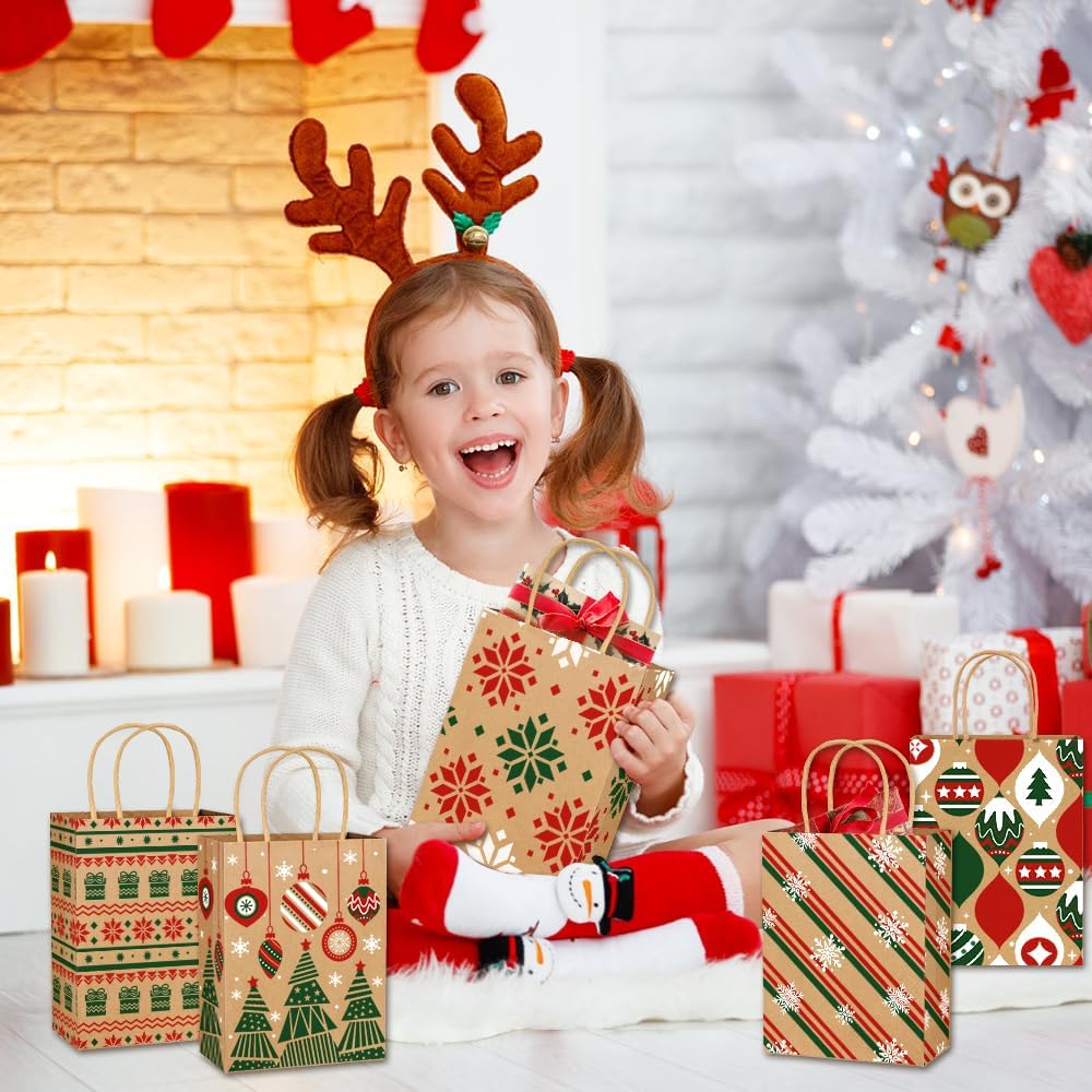 24pcs Christmas Kraft Paper Bags, 8 Style Xmas Tree Snowflake Goody Candy Treat Paper Bags with Handle for Christmas Party Favor Decoration