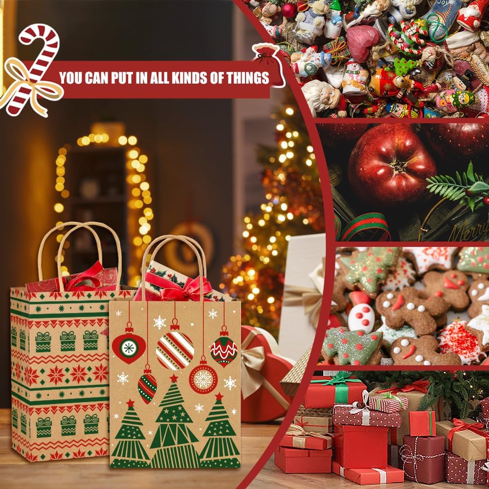 24pcs Christmas Kraft Paper Bags, 8 Style Xmas Tree Snowflake Goody Candy Treat Paper Bags with Handle for Christmas Party Favor Decoration