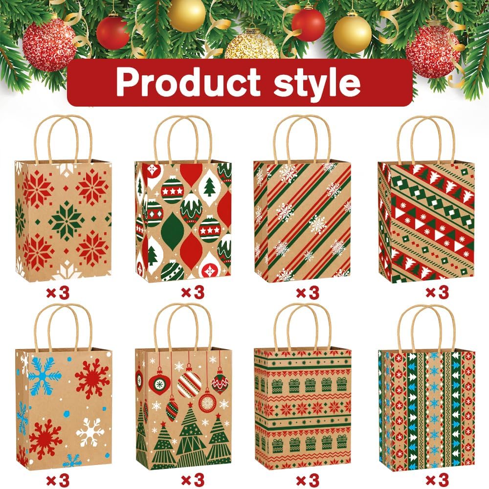 24pcs Christmas Kraft Paper Bags, 8 Style Xmas Tree Snowflake Goody Candy Treat Paper Bags with Handle for Christmas Party Favor Decoration