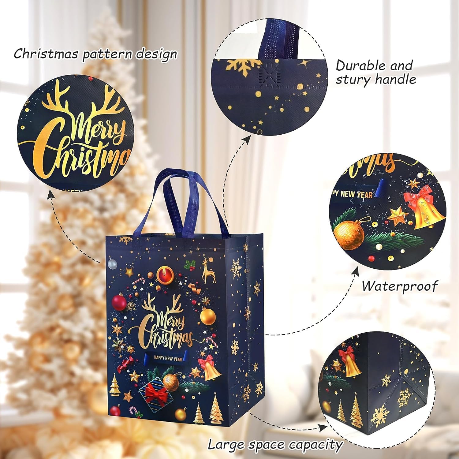 2pcs Large Xmas Gifts Bag, 50 * 40 * 20cm Non-woven Bags with Christmas Tree and Gold Letter, Reusable Gold Xmas Gift Tote Bags for Christmas Party
