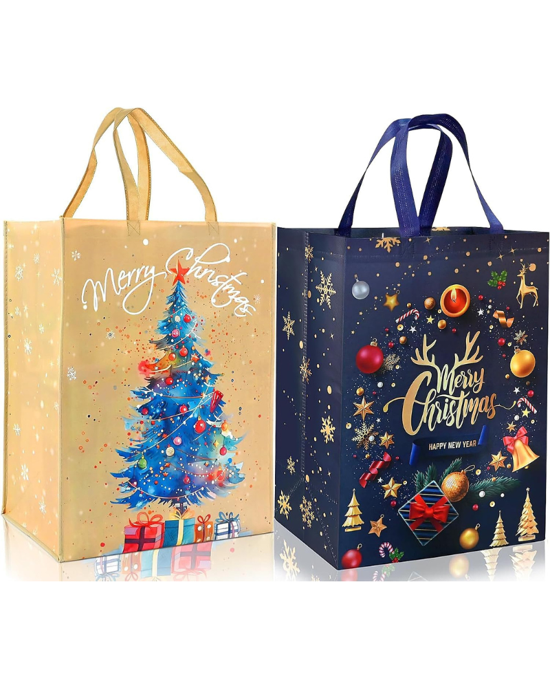 2pcs Large Xmas Gifts Bag, 50 * 40 * 20cm Non-woven Bags with Christmas Tree and Gold Letter, Reusable Gold Xmas Gift Tote Bags for Christmas Party