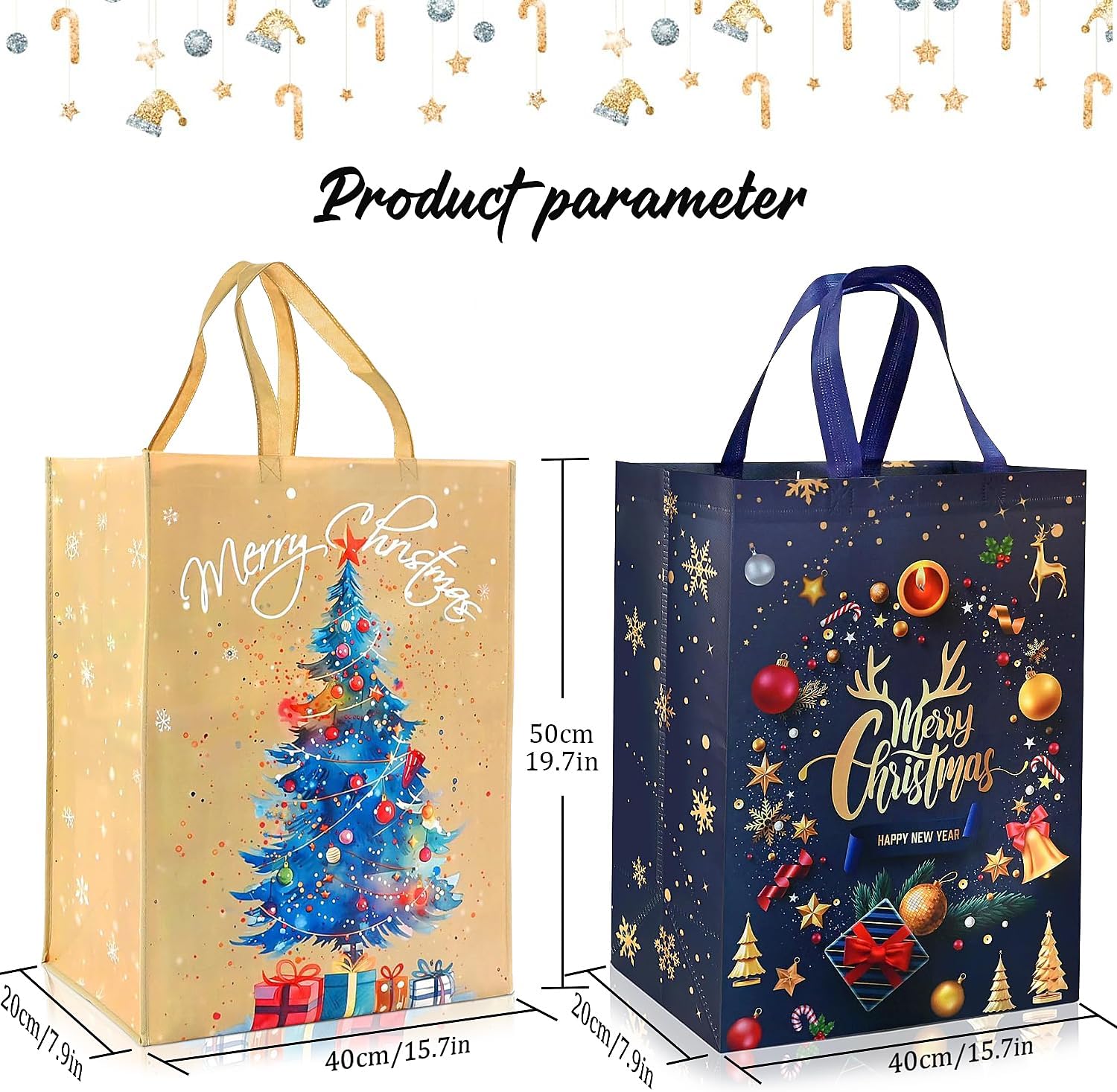 2pcs Large Xmas Gifts Bag, 50 * 40 * 20cm Non-woven Bags with Christmas Tree and Gold Letter, Reusable Gold Xmas Gift Tote Bags for Christmas Party