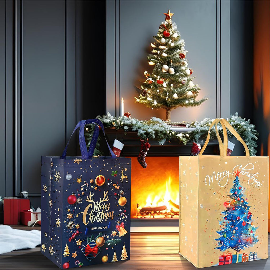 2pcs Large Xmas Gifts Bag, 50 * 40 * 20cm Non-woven Bags with Christmas Tree and Gold Letter, Reusable Gold Xmas Gift Tote Bags for Christmas Party