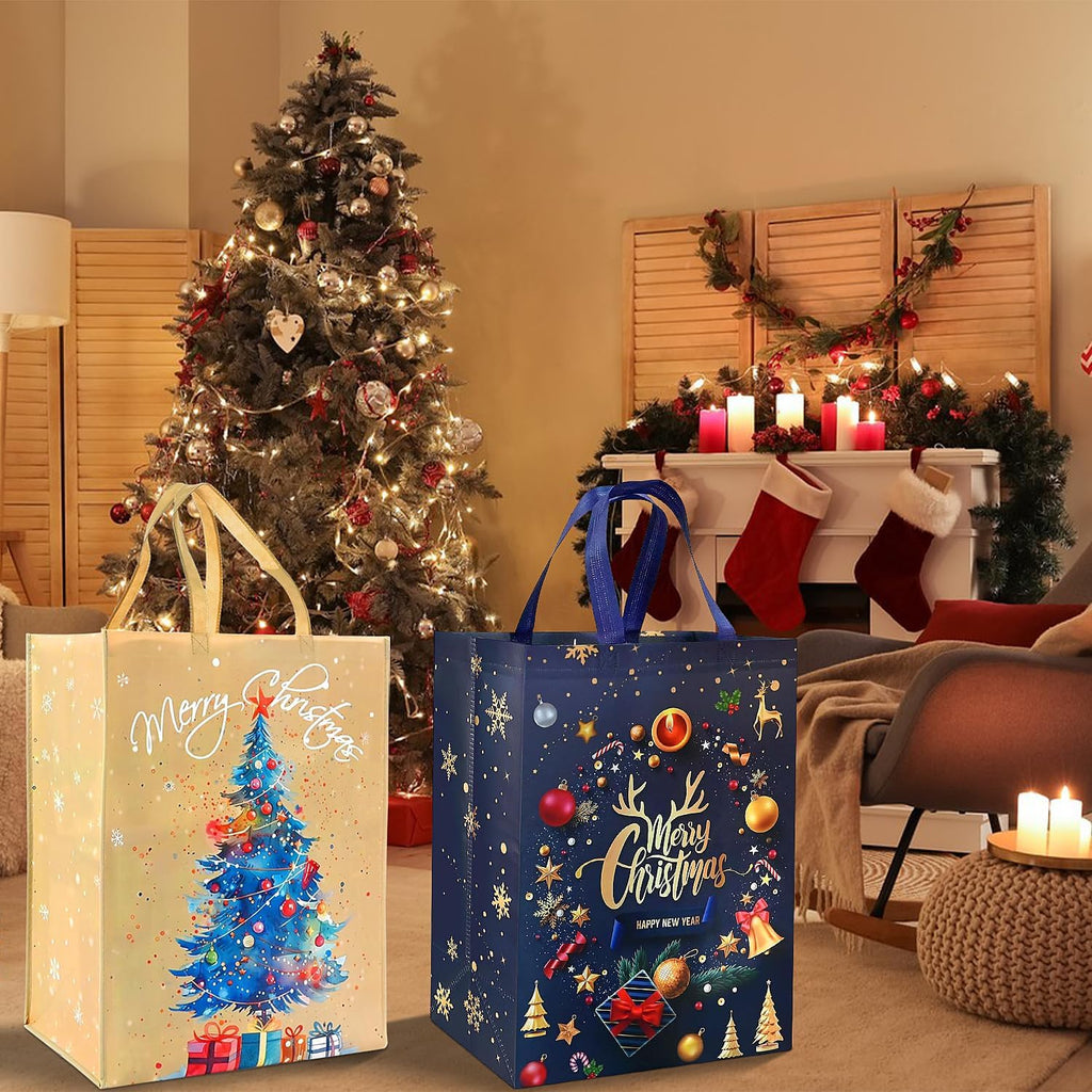 2pcs Large Xmas Gifts Bag, 50 * 40 * 20cm Non-woven Bags with Christmas Tree and Gold Letter, Reusable Gold Xmas Gift Tote Bags for Christmas Party