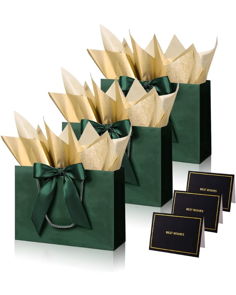 3-Pack Dark Green Christmas Gift Bags with Ribbon, Metallic Gold Tissue & Cards – Medium 28x20x10cm Paper Tote for Birthday, Xmas, Weddings & Holiday Presents
