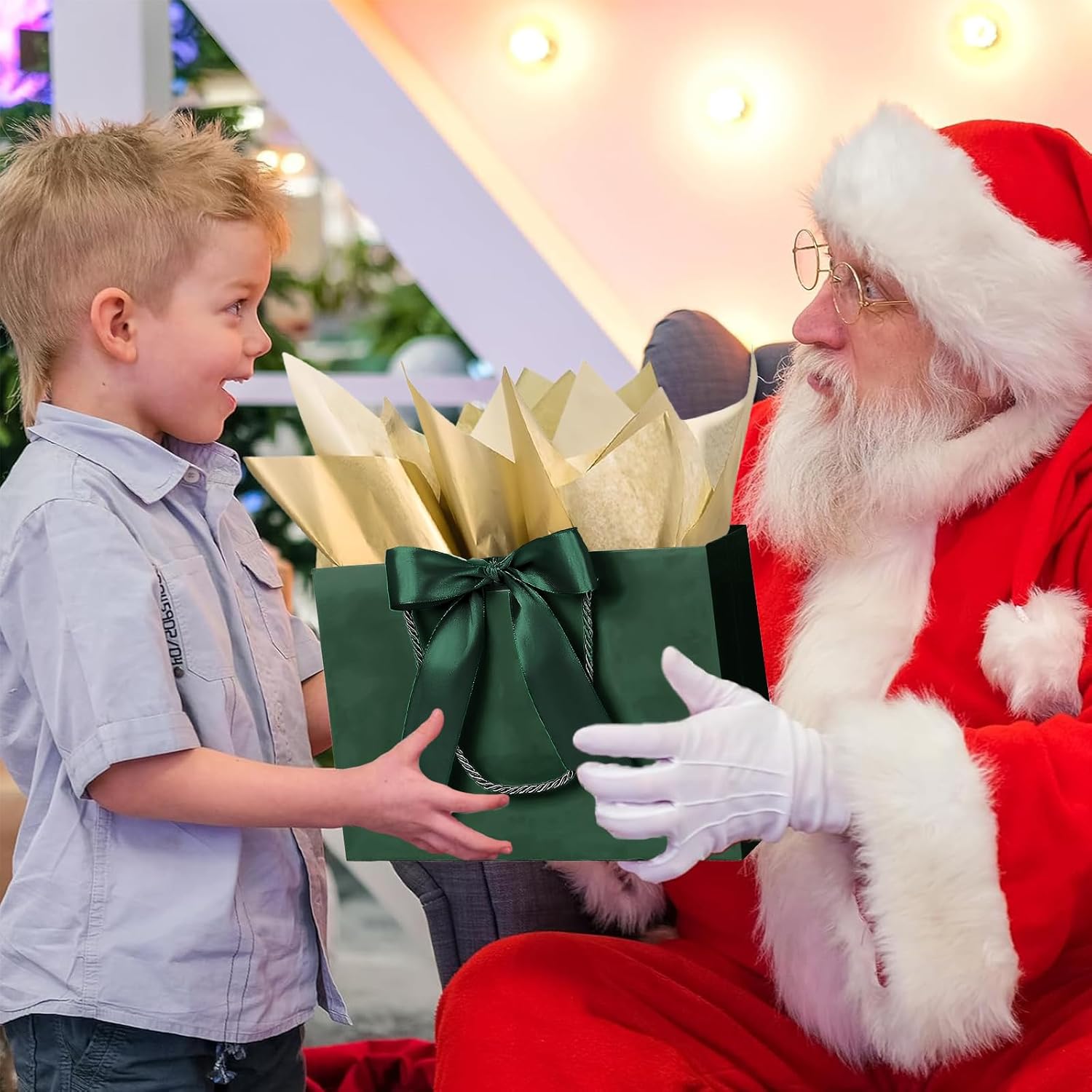 3-Pack Dark Green Christmas Gift Bags with Ribbon, Metallic Gold Tissue & Cards – Medium 28x20x10cm Paper Tote for Birthday, Xmas, Weddings & Holiday Presents