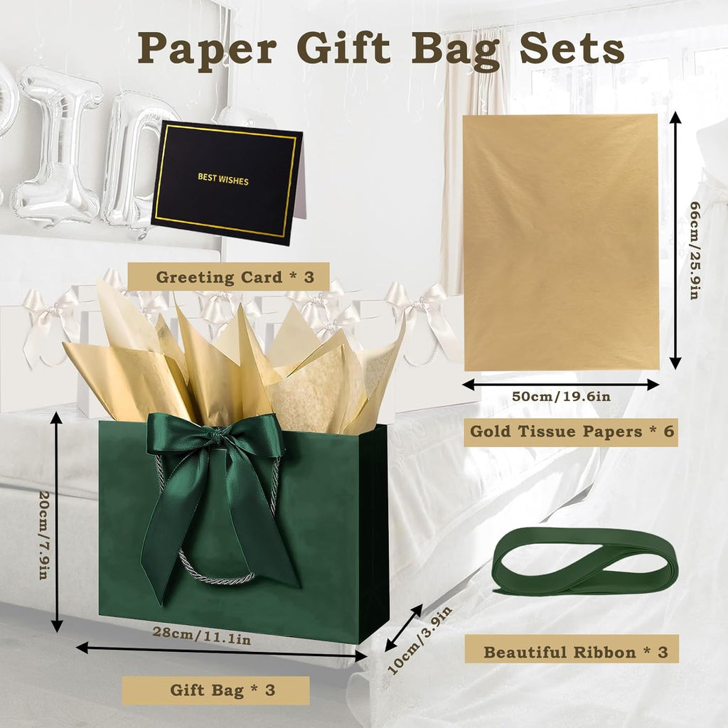 3-Pack Dark Green Christmas Gift Bags with Ribbon, Metallic Gold Tissue & Cards – Medium 28x20x10cm Paper Tote for Birthday, Xmas, Weddings & Holiday Presents