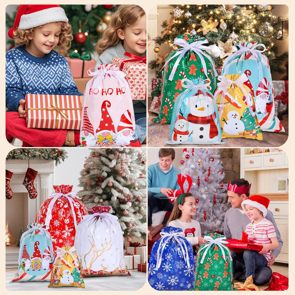 30-Pack Christmas Drawstring Gift Bags with Ribbon – 8 Festive Designs, 4 Sizes (Large, Medium, Small, X-Small) for Xmas, Birthday, Party & Holiday Gift Wrapping