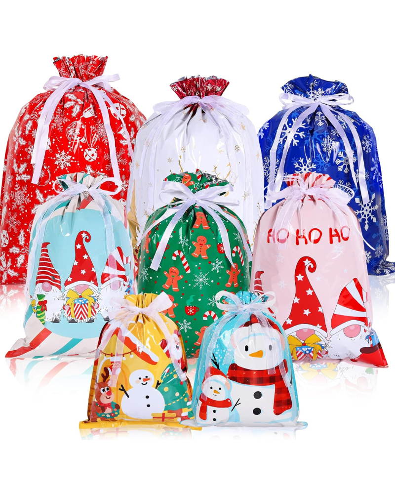 30-Pack Christmas Drawstring Gift Bags with Ribbon – 8 Festive Designs, 4 Sizes (Large, Medium, Small, X-Small) for Xmas, Birthday, Party & Holiday Gift Wrapping