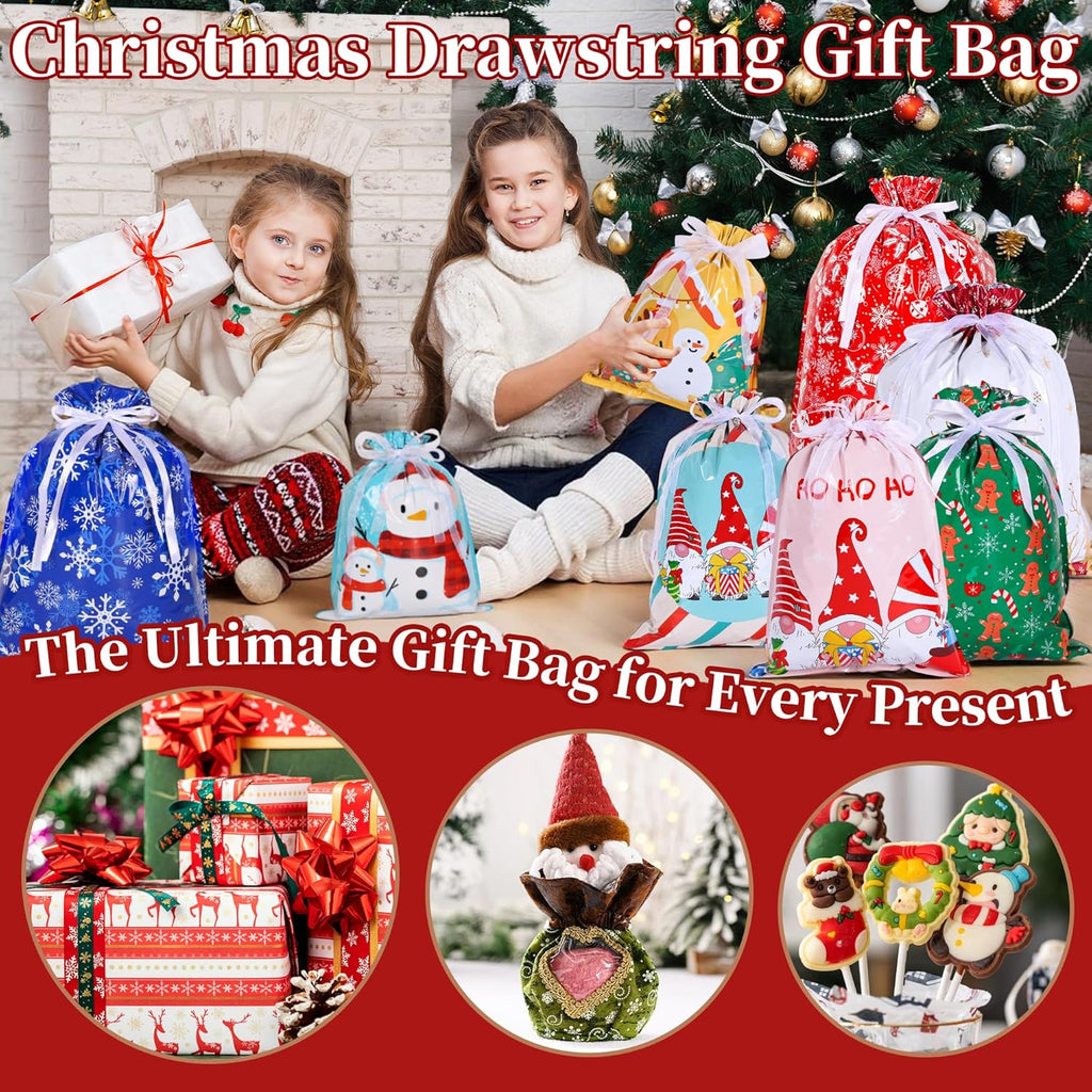 30-Pack Christmas Drawstring Gift Bags with Ribbon – 8 Festive Designs, 4 Sizes (Large, Medium, Small, X-Small) for Xmas, Birthday, Party & Holiday Gift Wrapping