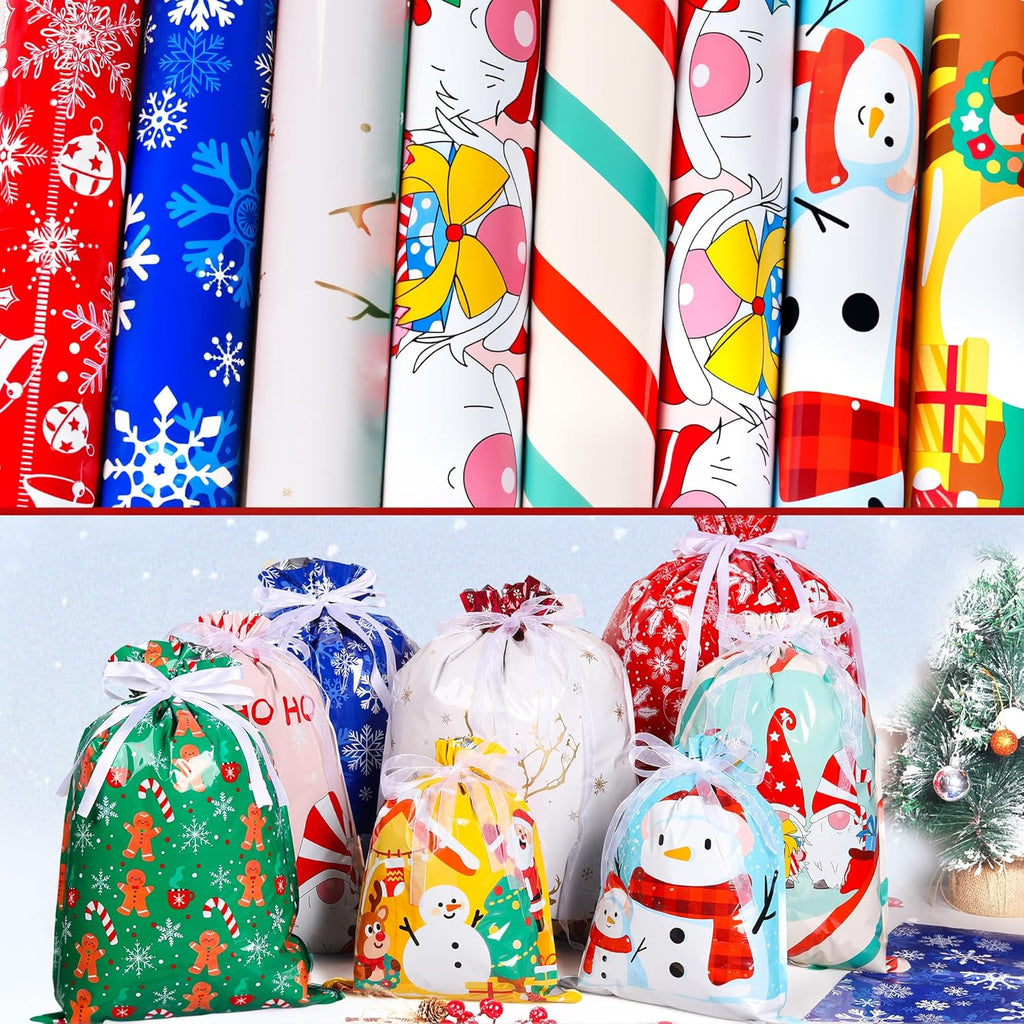 30-Pack Christmas Drawstring Gift Bags with Ribbon – 8 Festive Designs, 4 Sizes (Large, Medium, Small, X-Small) for Xmas, Birthday, Party & Holiday Gift Wrapping