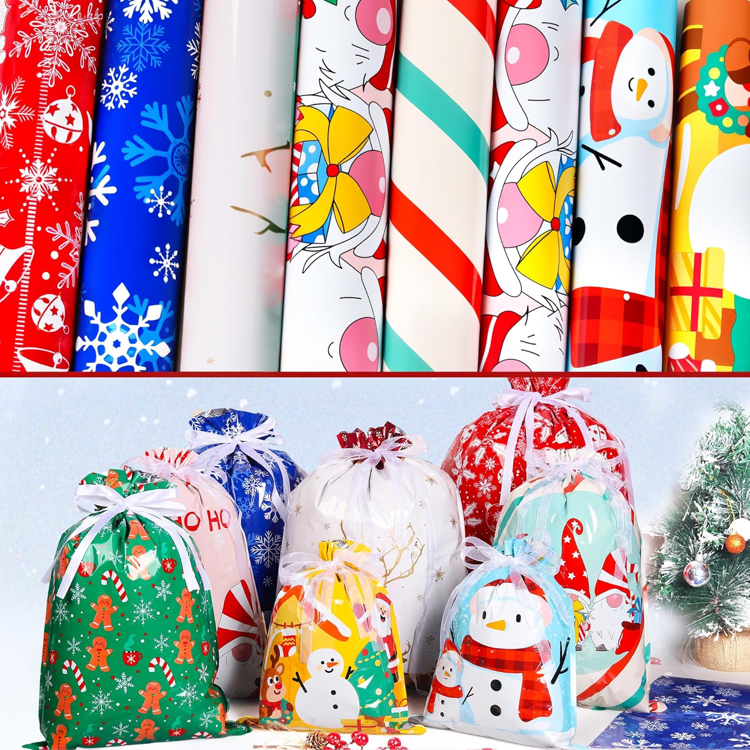 30-Pack Christmas Drawstring Gift Bags with Ribbon – 8 Festive Designs, 4 Sizes (Large, Medium, Small, X-Small) for Xmas, Birthday, Party & Holiday Gift Wrapping