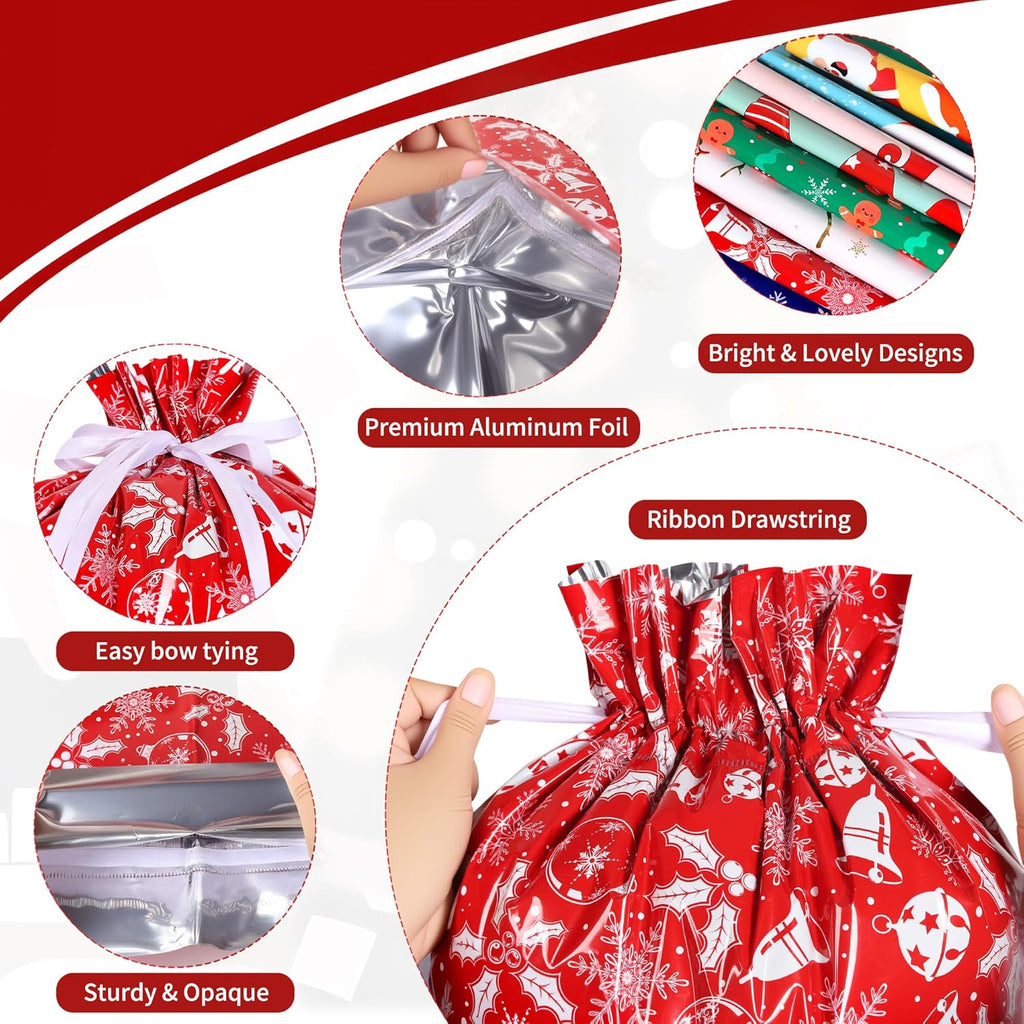 30-Pack Christmas Drawstring Gift Bags with Ribbon – 8 Festive Designs, 4 Sizes (Large, Medium, Small, X-Small) for Xmas, Birthday, Party & Holiday Gift Wrapping