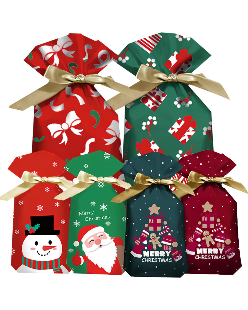 30 Pack Christmas Drawstring Gift Wrapping Bags – Assorted Sizes Reusable Xmas Gift Bags with Ropes | Red & Green Christmas Present Bags for Holiday Gifts, Party Favors & Decorations