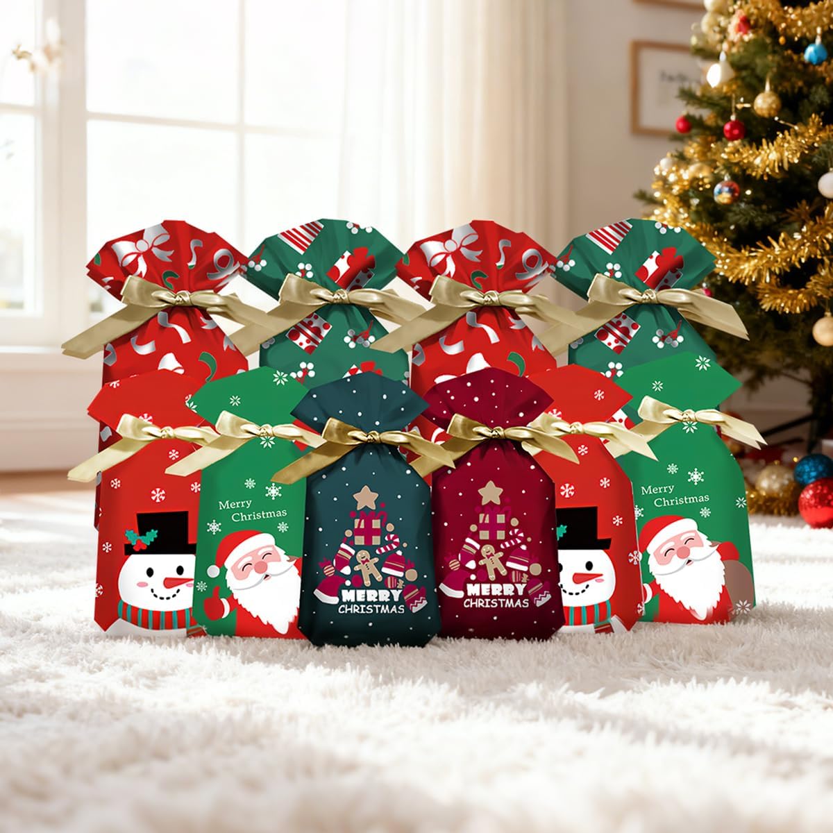 30 Pack Christmas Drawstring Gift Wrapping Bags – Assorted Sizes Reusable Xmas Gift Bags with Ropes | Red & Green Christmas Present Bags for Holiday Gifts, Party Favors & Decorations