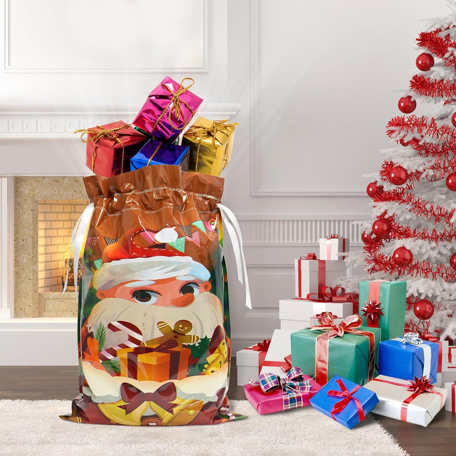 30Pcs Christmas Drawstring Gift Bags - Assorted Sizes Large Medium Small Present Wrapping Bags With Tags for Xmas Party