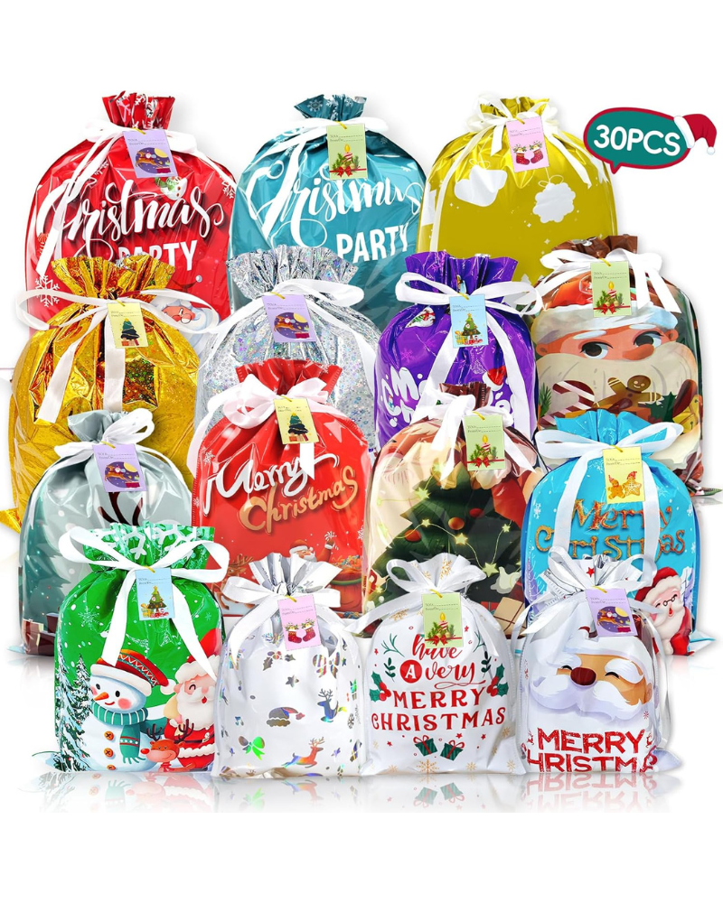 30Pcs Christmas Drawstring Gift Bags - Assorted Sizes Large Medium Small Present Wrapping Bags With Tags for Xmas Party
