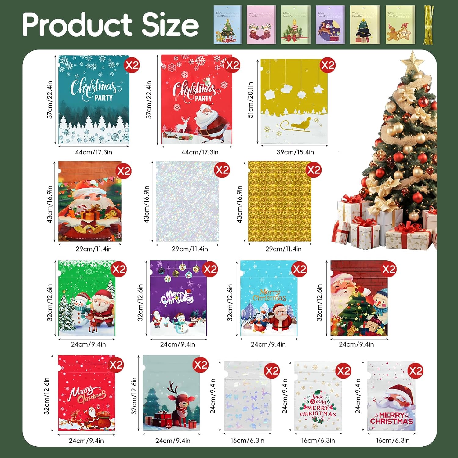 30Pcs Christmas Drawstring Gift Bags - Assorted Sizes Large Medium Small Present Wrapping Bags With Tags for Xmas Party